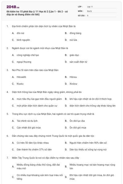 Đề kiểm tra 15 phút Địa Lí 11 Học kì 2 (Lần 1 - Đề 2 - có đáp án và thang điểm chi tiết)