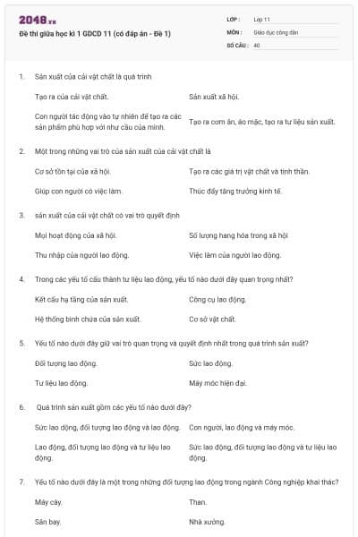 Đề thi giữa học kì 1 GDCD 11 (có đáp án - Đề 1)