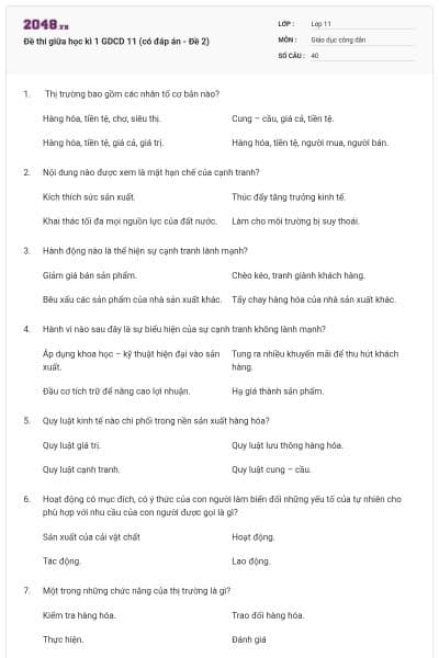 Đề thi giữa học kì 1 GDCD 11 (có đáp án - Đề 2)