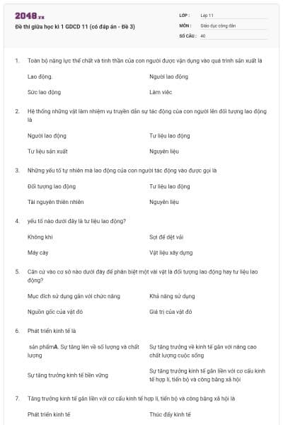 Đề thi giữa học kì 1 GDCD 11 (có đáp án - Đề 3)