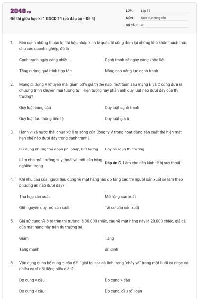 Đề thi giữa học kì 1 GDCD 11 (có đáp án - Đề 4)