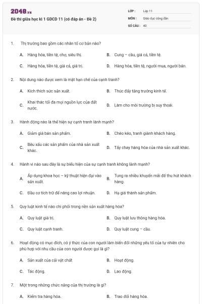 Đề thi giữa học kì 1 GDCD 11 (có đáp án - Đề 2)