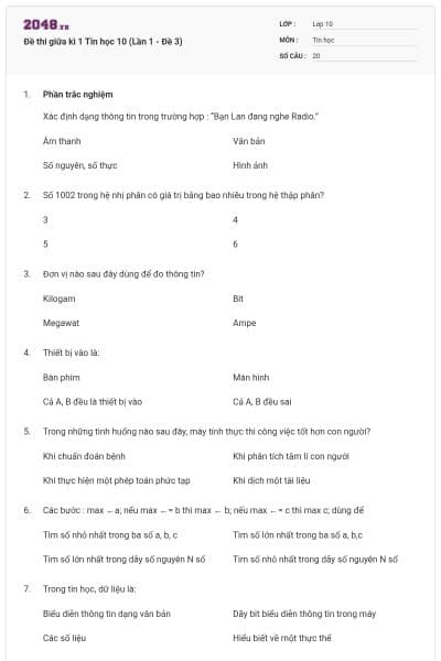 Đề thi giữa kì 1 Tin học 10 (Lần 1 - Đề 3)