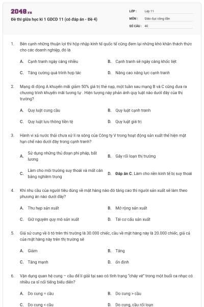 Đề thi giữa học kì 1 GDCD 11 (có đáp án - Đề 4)