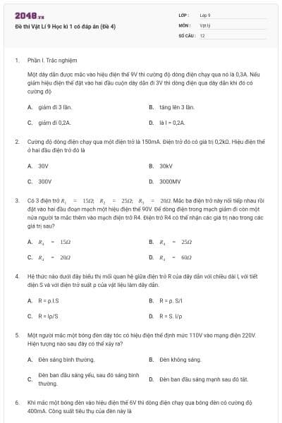 Đề thi Vật Lí 9 Học kì 1 có đáp án (Đề 4)