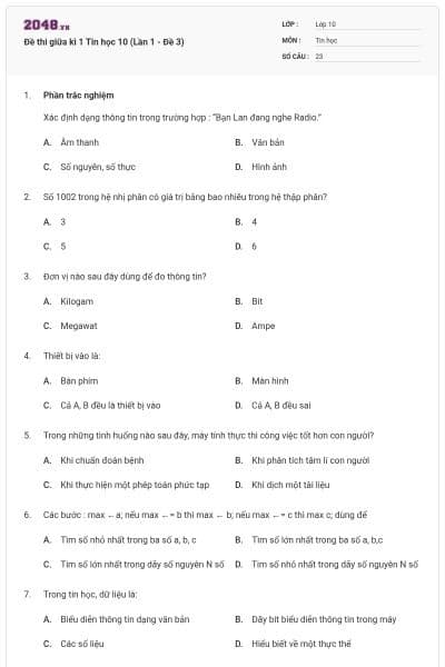 Đề thi giữa kì 1 Tin học 10 (Lần 1 - Đề 3)