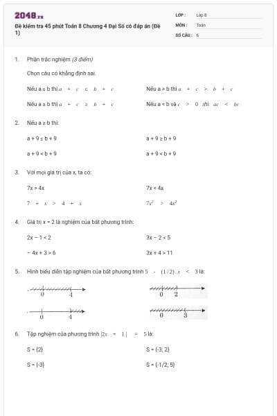 Đề kiểm tra 45 phút Toán 8 Chương 4 Đại Số có đáp án (Đề 1)