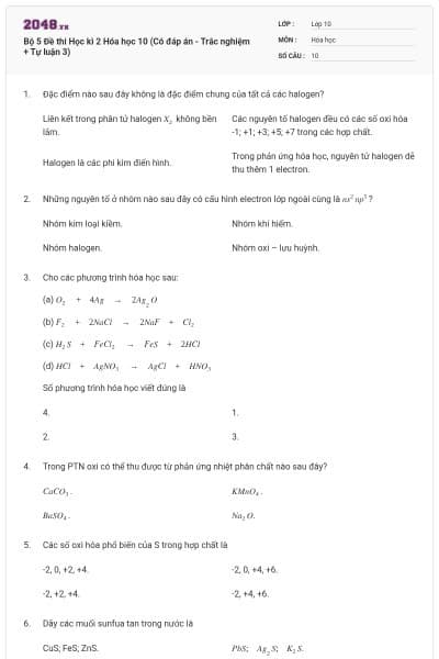 Bộ 5  Đề thi Học kì 2 Hóa học 10 (Có đáp án - Trắc nghiệm + Tự luận 3)
