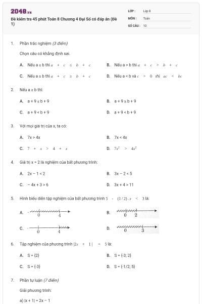 Đề kiểm tra 45 phút Toán 8 Chương 4 Đại Số có đáp án (Đề 1)