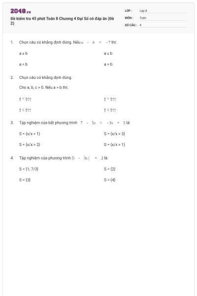 Đề kiểm tra 45 phút Toán 8 Chương 4 Đại Số có đáp án (Đề 2)
