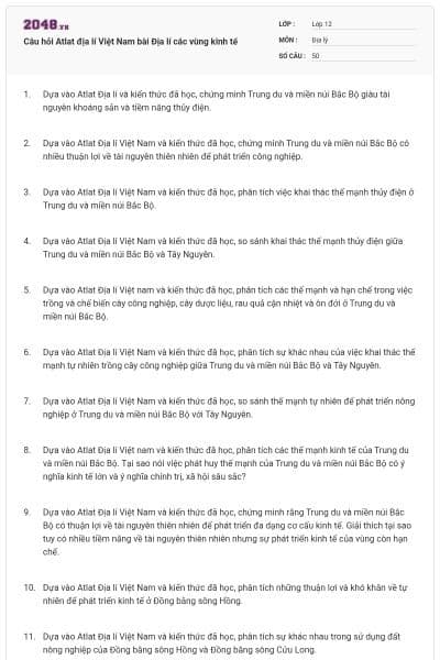 Câu hỏi Atlat địa lí Việt Nam bài Địa lí các vùng kinh tế