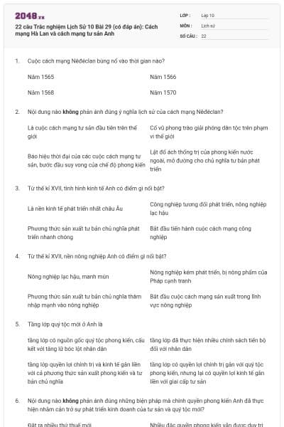 22 câu  Trắc nghiệm Lịch Sử 10 Bài 29 (có đáp án): Cách mạng Hà Lan và cách mạng tư sản Anh