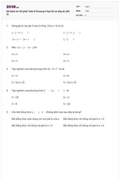 Đề kiểm tra 45 phút Toán 8 Chương 4 Đại Số có đáp án (Đề 3)