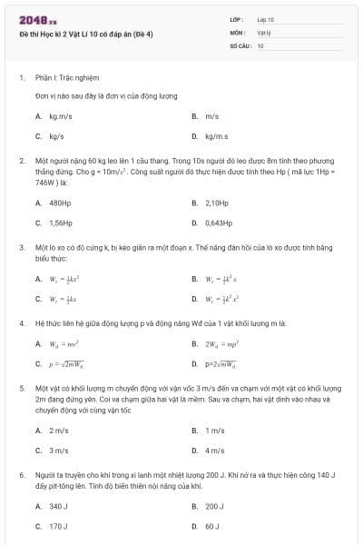 Đề thi Học kì 2 Vật Lí 10 có đáp án (Đề 4)