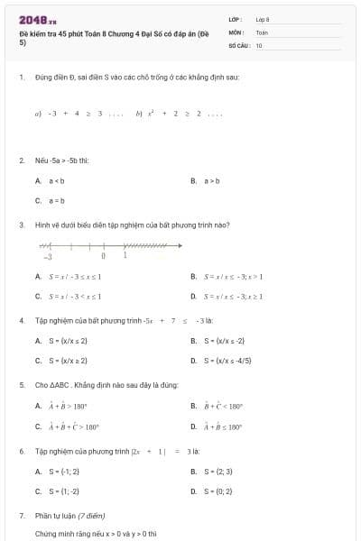 Đề kiểm tra 45 phút Toán 8 Chương 4 Đại Số có đáp án (Đề 5)