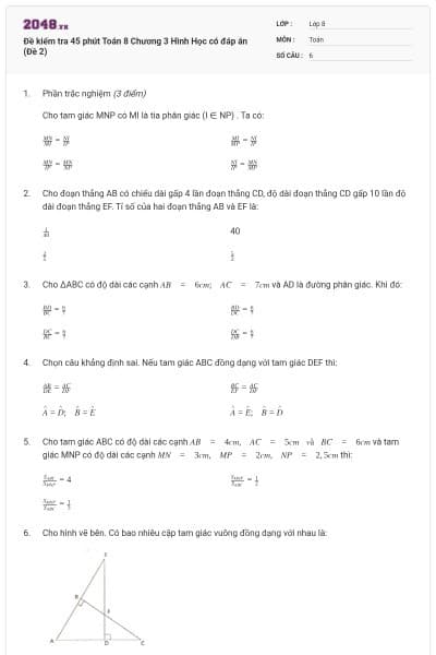 Đề kiểm tra 45 phút Toán 8 Chương 3 Hình Học có đáp án (Đề 2)