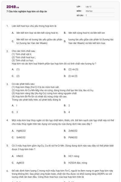 7 Câu trắc nghiệm hợp kim có đáp án