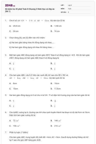 Đề kiểm tra 45 phút Toán 8 Chương 3 Hình Học có đáp án (Đề 1)