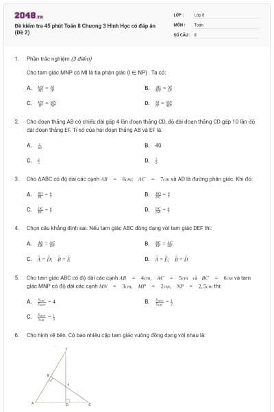 Đề kiểm tra 45 phút Toán 8 Chương 3 Hình Học có đáp án (Đề 2)