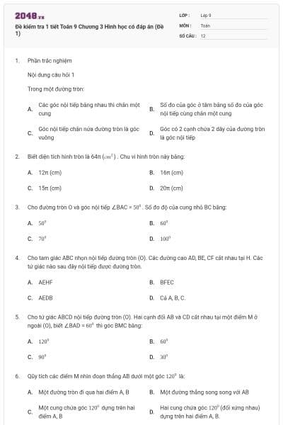 Đề kiểm tra 1 tiết Toán 9 Chương 3 Hình học có đáp án (Đề 1)