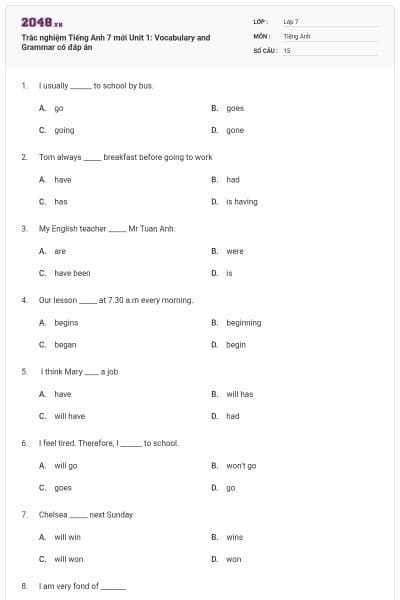 Trắc nghiệm Tiếng Anh 7 mới Unit 1: Vocabulary and Grammar có đáp án