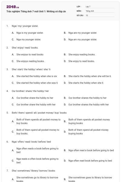 Trắc nghiệm Tiếng Anh 7 mới Unit 1: Writing có đáp án