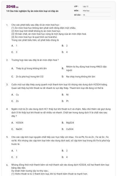14 Câu trắc nghiệm Sự ăn mòn kim loại có đáp án
