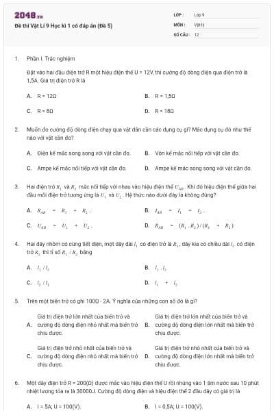 Đề thi Vật Lí 9 Học kì 1 có đáp án (Đề 5)