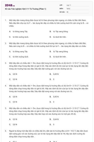 82 câu Trắc nghiệm Vật lí 11 Từ Trường (Phần 1)