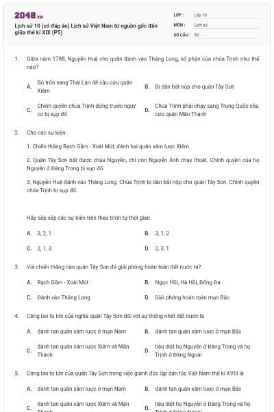 Lịch sử 10 (có đáp án) Lịch sử Việt Nam từ nguồn gốc đến giữa thế kỉ XIX (P5)