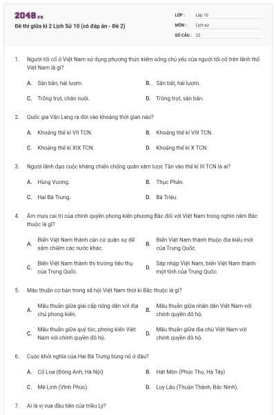 Đề thi giữa kì 2 Lịch Sử 10 (có đáp án - Đề 2)