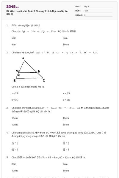Đề kiểm tra 45 phút Toán 8 Chương 3 Hình Học có đáp án (Đề 3)