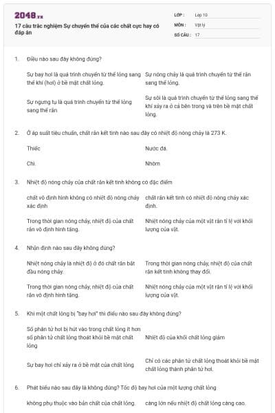 17 câu trắc nghiệm Sự chuyển thể của các chất cực hay có đáp án