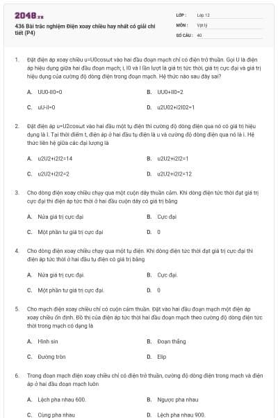 436 Bài trắc nghiệm Điện xoay chiều hay nhất có giải chi tiết (P4)