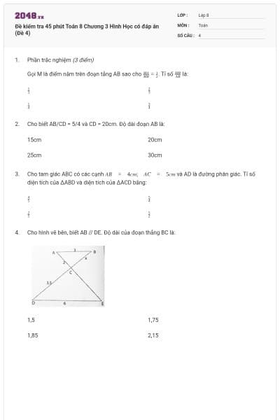 Đề kiểm tra 45 phút Toán 8 Chương 3 Hình Học có đáp án (Đề 4)