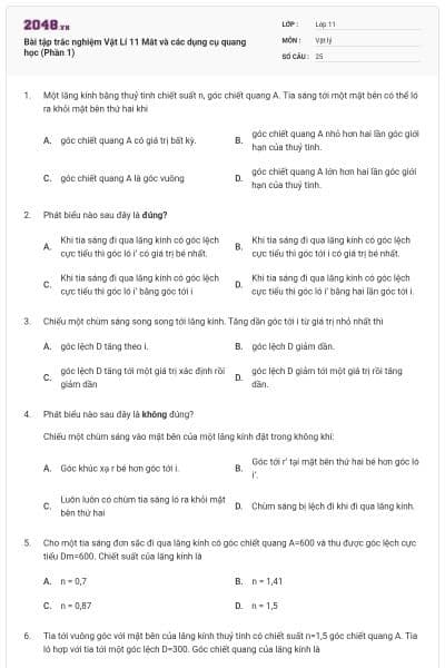 Bài tập trắc nghiệm Vật Lí 11 Mắt và các dụng cụ quang học (Phần 1)