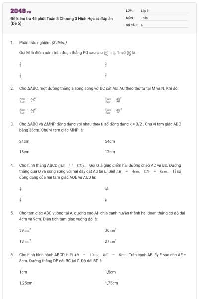 Đề kiểm tra 45 phút Toán 8 Chương 3 Hình Học có đáp án (Đề 5)
