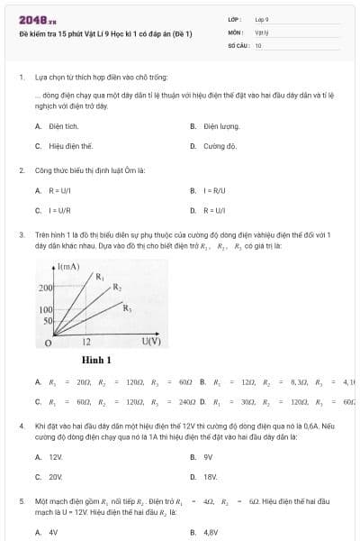 Đề kiểm tra 15 phút Vật Lí 9 Học kì 1 có đáp án (Đề 1)