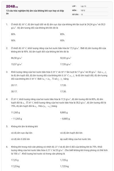 13 câu trắc nghiệm Độ ẩm của không khí cực hay có đáp án