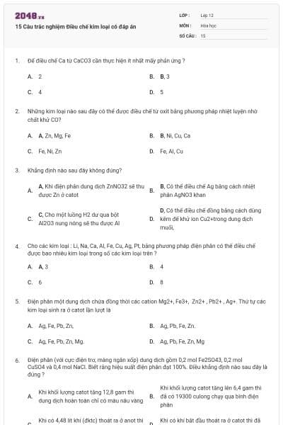 15 Câu trắc nghiệm Điều chế kim loại có đáp án