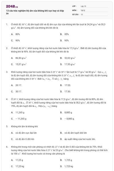 13 câu trắc nghiệm Độ ẩm của không khí cực hay có đáp án