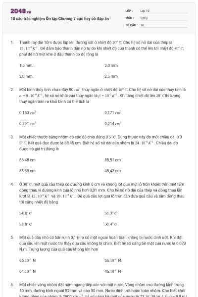 10 câu trắc nghiệm Ôn tập Chương 7 cực hay có đáp án