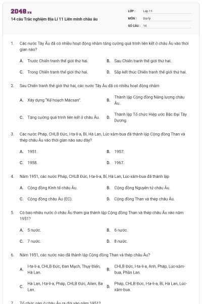 14 câu Trắc nghiệm Địa Lí 11 Liên minh châu âu