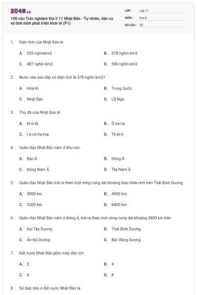 100 câu Trắc nghiệm Địa lí 11 Nhật Bản - Tự nhiên, dân cư và tình hình phát triển kinh tế (P1)