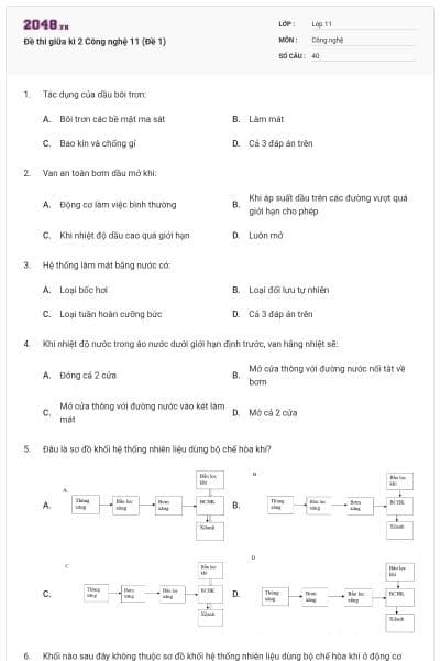 Đề thi giữa kì 2 Công nghệ 11 (Đề 1)