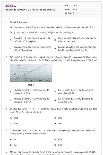 Đề kiểm tra 15 phút Vật Lí 9 Học kì 1 có đáp án (Đề 3)