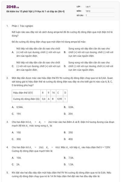 Đề kiểm tra 15 phút Vật Lí 9 Học kì 1 có đáp án (Đề 4)