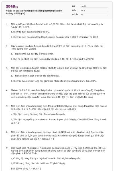 Vật Lí 11 Bài tập về Dòng điện không đổi trong các môi trường (có lời giải)