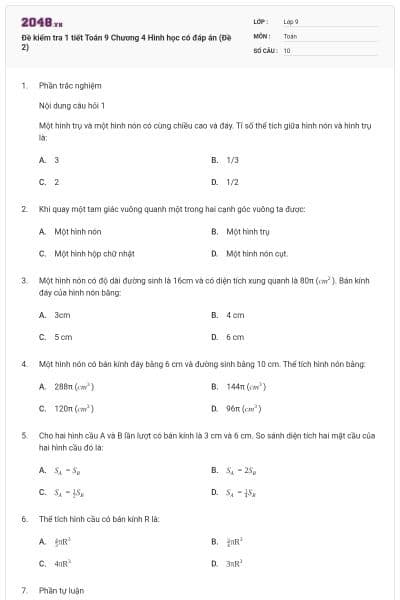 Đề kiểm tra 1 tiết Toán 9 Chương 4 Hình học có đáp án (Đề 2)