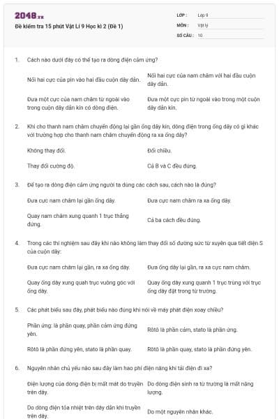 Đề kiểm tra 15 phút Vật Lí 9 Học kì 2 (Đề 1)